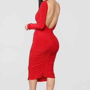 NWT Red Ruched Backless Midi Dress